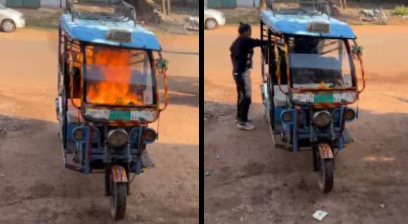 Woman Sets fire on E-Rickshaw